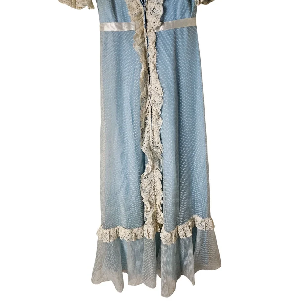 VTG Prairie Dress Sheer Mesh Overlay  7 Bany‎ Blue Lace Trim 1970s Cottagecore